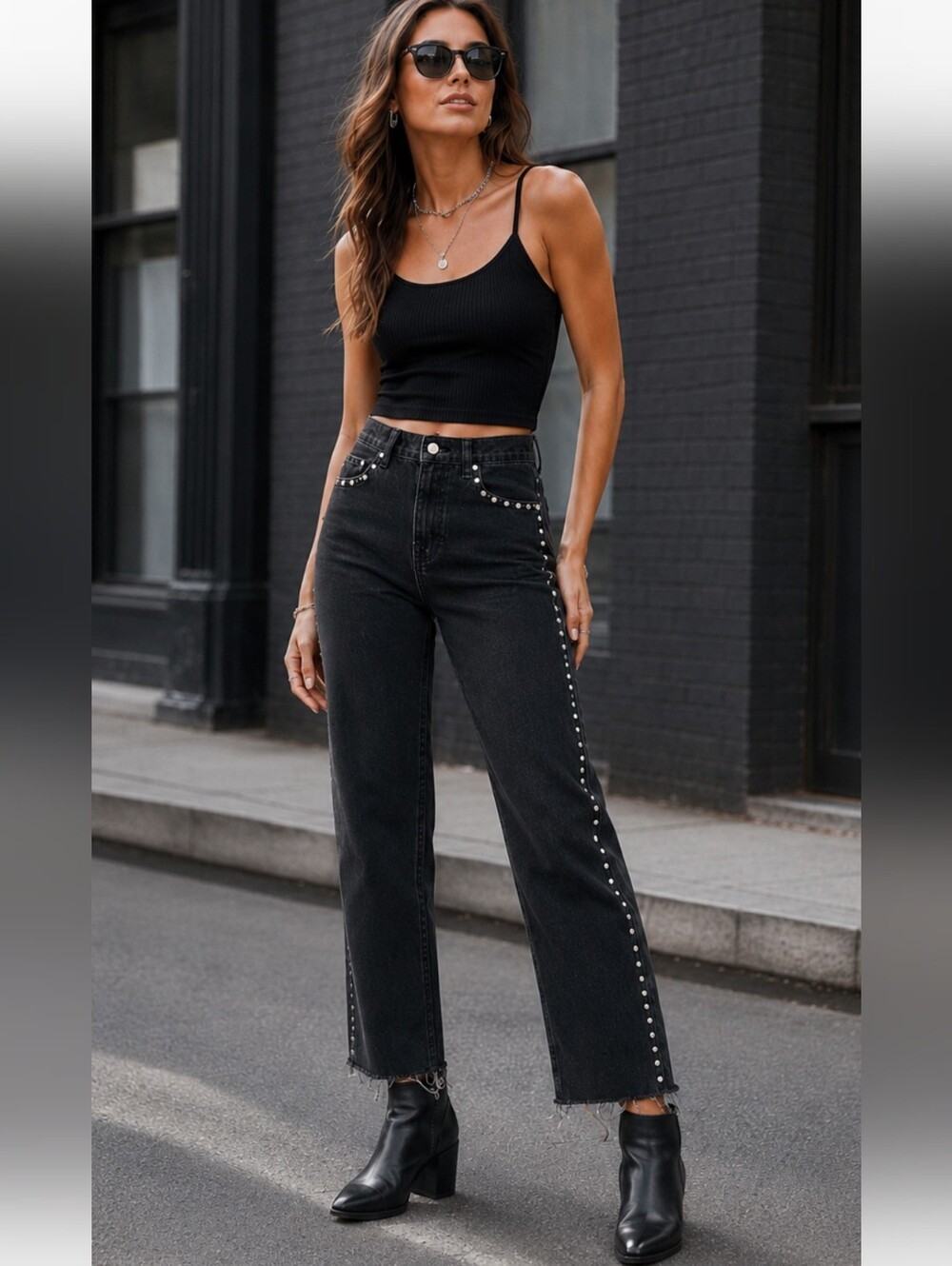 Zara Woman Premium Denim Studded Black Jeans Raw Hem Size 6